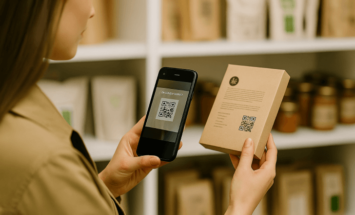 A woman scans a QR code on eco-friendly product packaging in a modern store with shelves in the background.