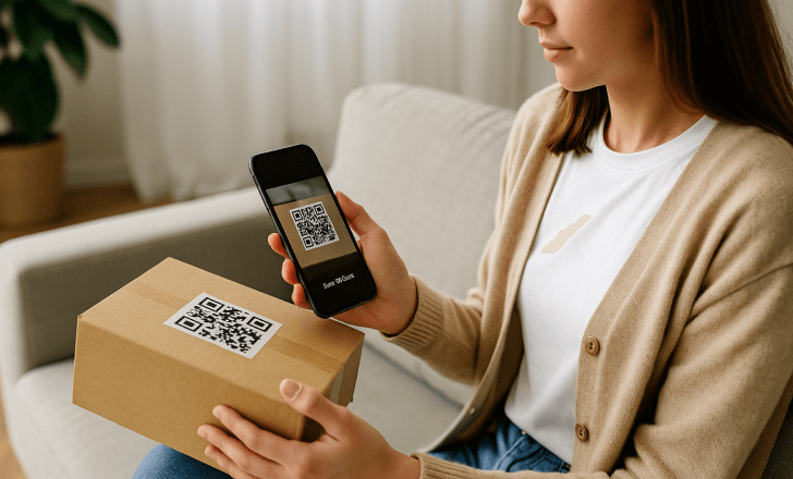 A woman sitting on a sofa scans a QR code on a cardboard package using her smartphone in a sunlit room.