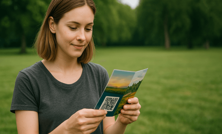 A woman standing in a park holding a folded brochure with a QR code, looking at it calmly.