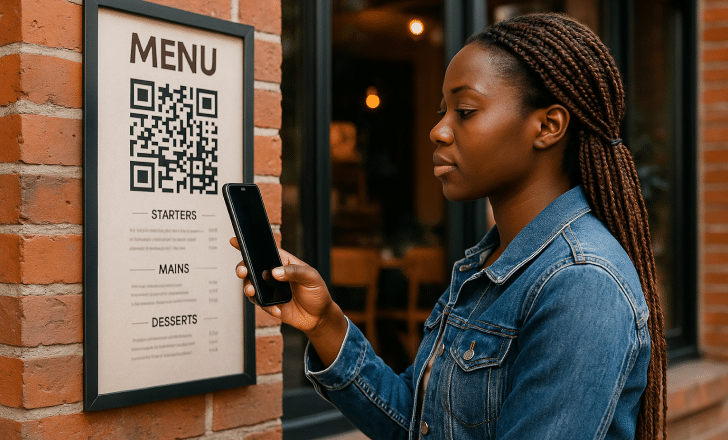 A young woman scans a QR code menu outside a café using her smartphone.