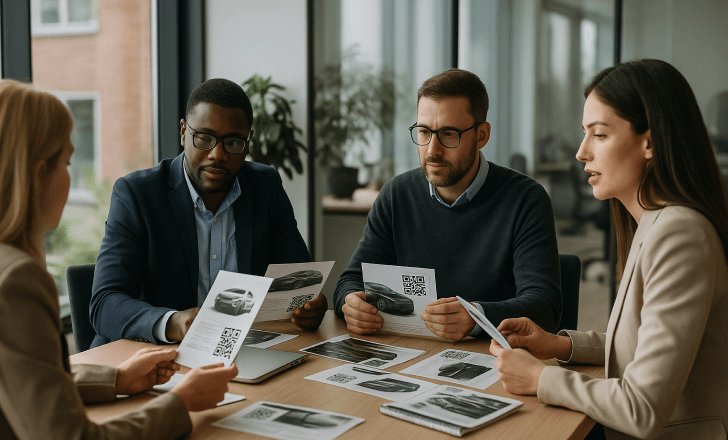 Automotive marketing team reviewing brochures with printed QR codes in a meeting room