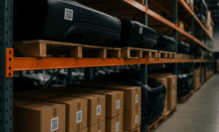 Automotive parts and boxes in a warehouse labeled with QR codes for tracking and inventory management