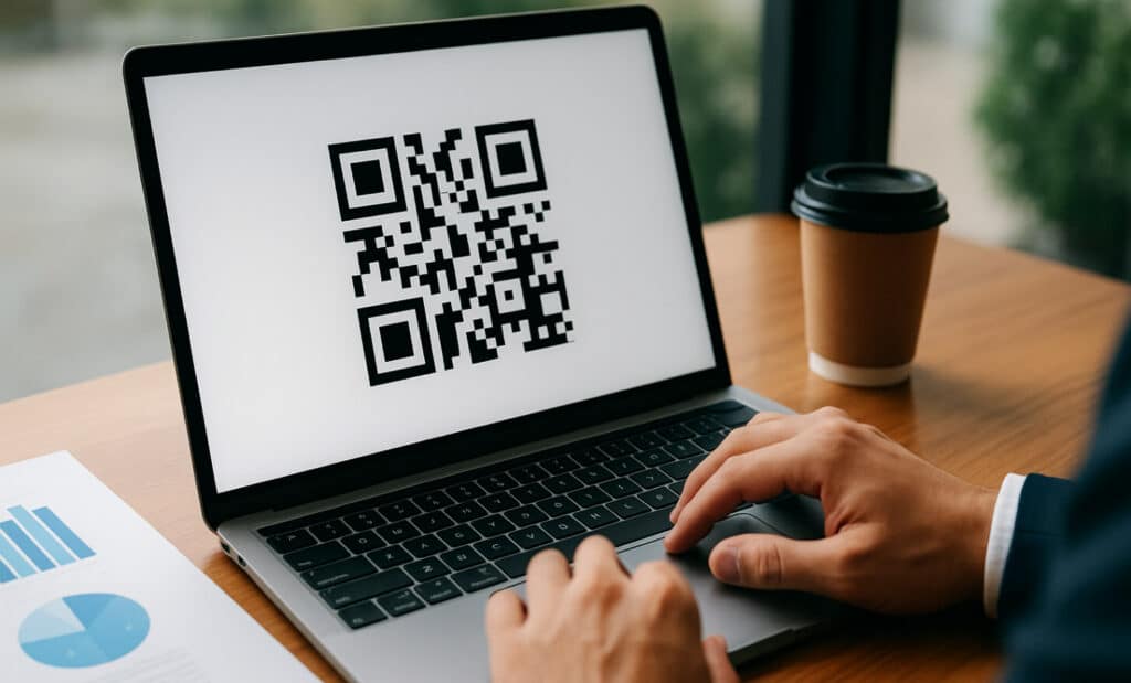 Business person viewing a large QR code on a laptop screen in a modern office