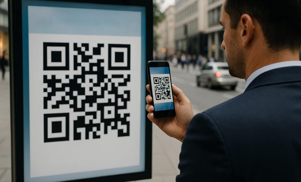 Businessman scanning a large QR code on a city street using his smartphone