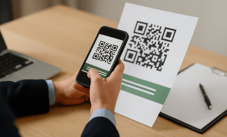 Businessperson scanning a printed dynamic QR code at a desk with laptop and clipboard