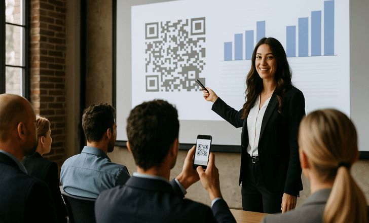 Businesswoman presenting a QR code and bar chart during a meeting while attendees observe and one scans the screen