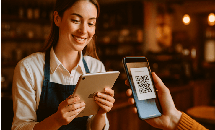 Cashier scanning a QR code payment in a cozy café setting