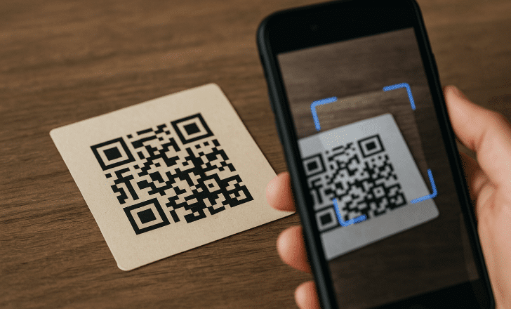 Close-up of a beige QR code card being scanned with a phone