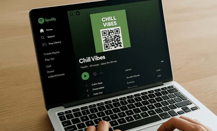 Close-up of a laptop screen showing a Spotify playlist with a QR code embedded in the cover art
