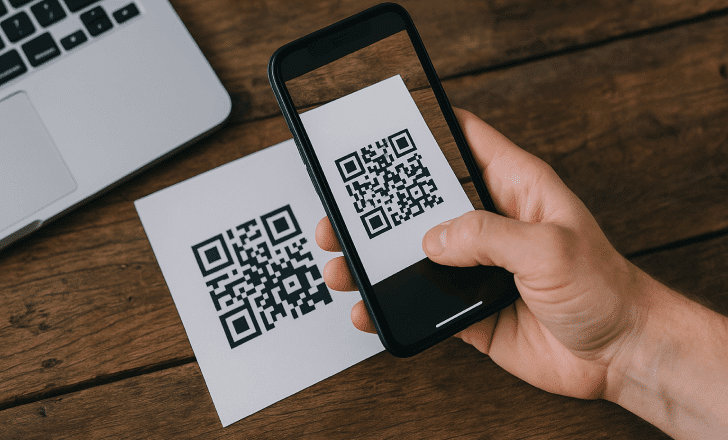 Close-up of a person scanning a printed QR code with a smartphone next to a laptop on a wooden table