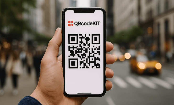 Close-up of a smartphone displaying a QR code on a busy urban street
