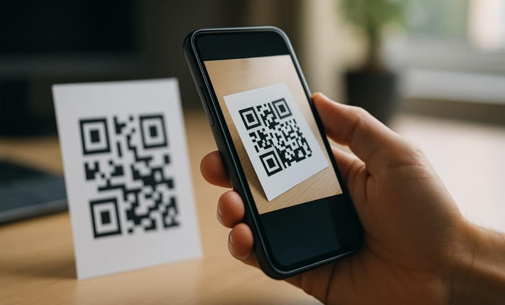 Close-up of a smartphone scanning a QR code on a card with a blurred office background