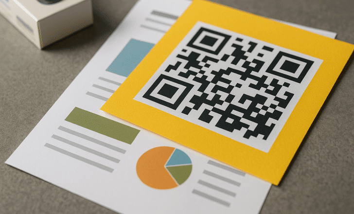 Colorful printed report with a yellow-framed QR code card on a gray surface