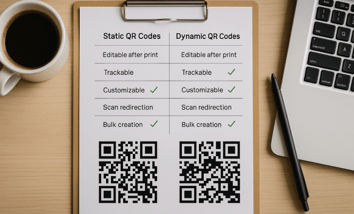 Comparison chart of static vs dynamic QR codes on a clipboard with coffee and laptop nearby