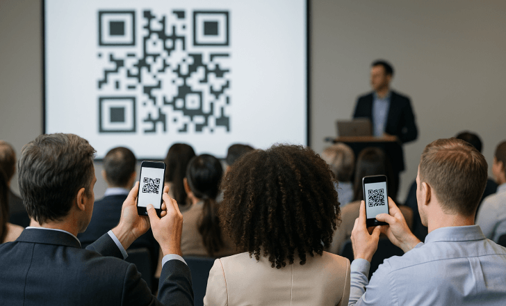 Conference attendees scanning a QR code projected on a screen during a live presentation