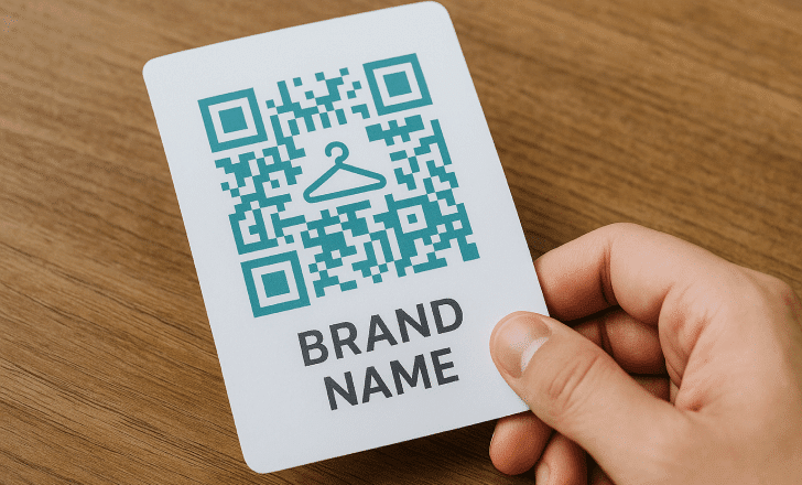 Custom QR code with hanger icon and brand name printed on a card held over a wooden surface