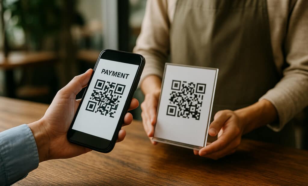 Customer making a contactless payment using a dynamic QR code on their smartphone
