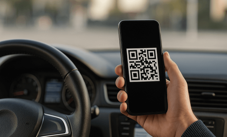 Driver holding a smartphone with a QR code displayed inside a car dashboard setting
