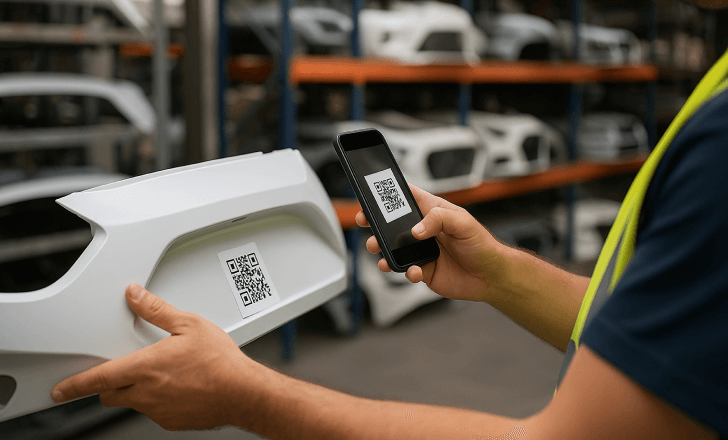 Factory worker scanning a QR code on a white car part in an automotive warehouse