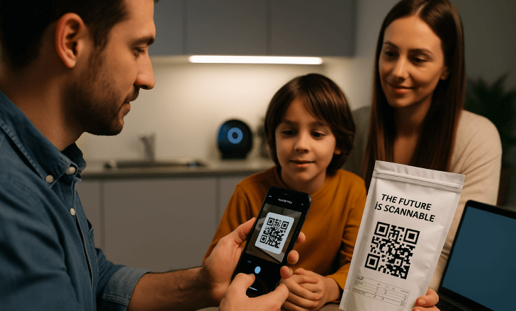 Family scanning a QR code on a food package labeled “The future is scannable” in a smart kitchen
