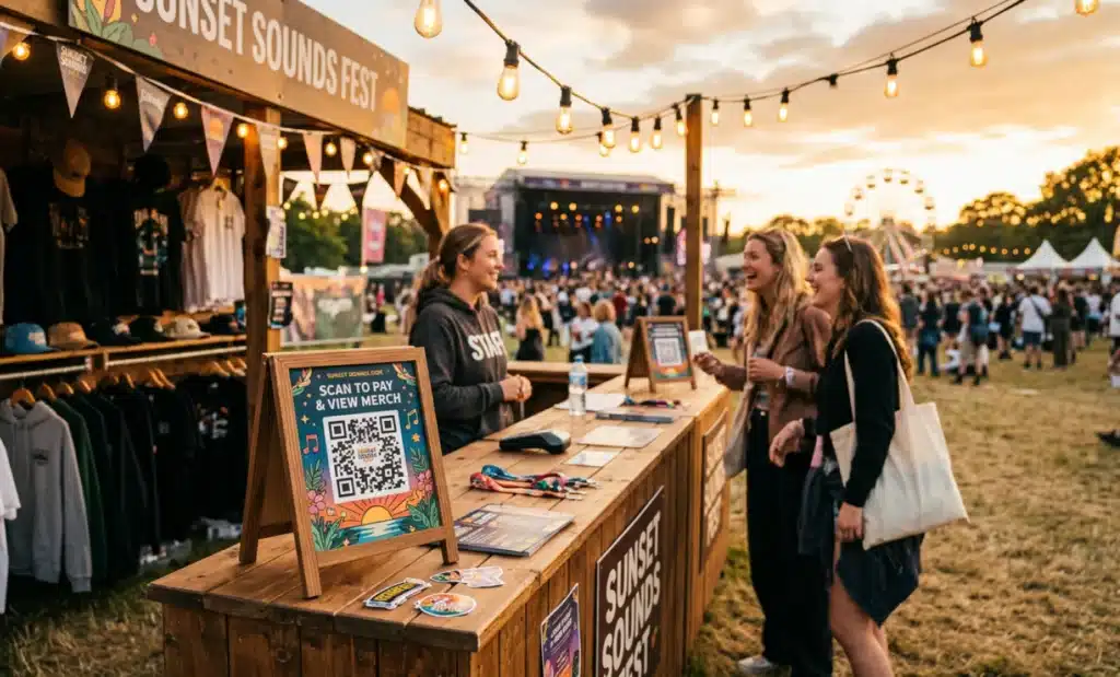 How to generate a QR code for a playlist 1 Festival merchandise booth with a QR code display on the counter.