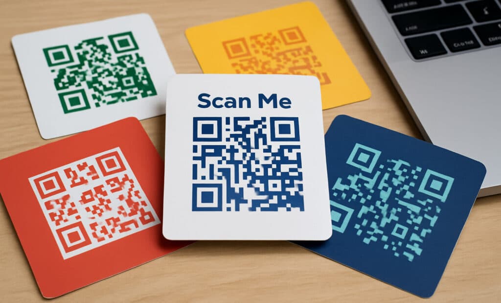 Five colorful QR code cards laid out on a wooden desk with different color schemes
