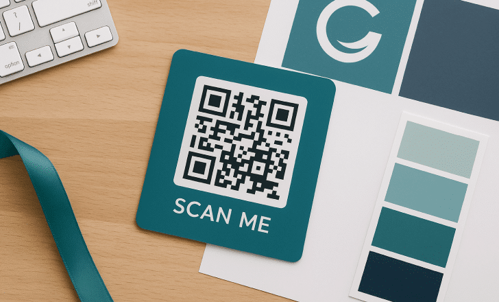 Flat lay of custom QR code card with color swatches and branding materials on a wooden desk