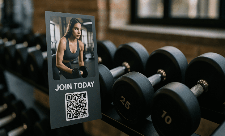 Flyer with QR code for gym promotion near weights
