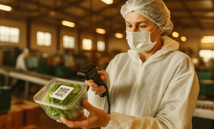 Food industry worker scanning QR code on lettuce packaging in a clean warehouse
