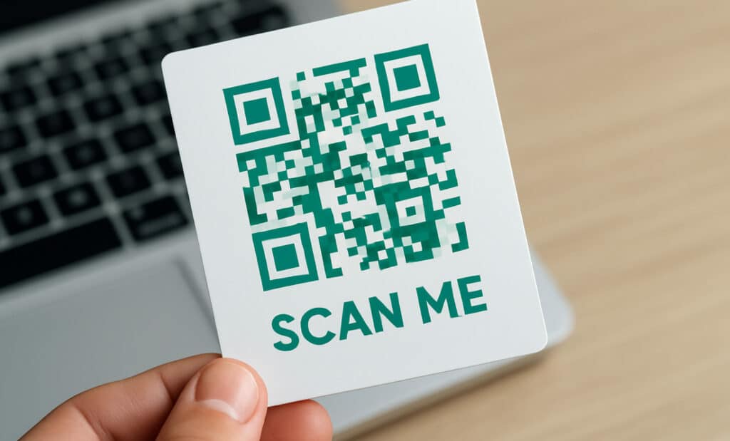 Green QR code with “Scan Me” call-to-action held in front of a laptop on a wooden desk