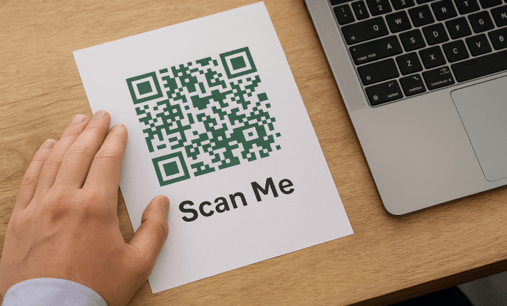 Green QR code with call-to-action printed on a white sheet next to a laptop