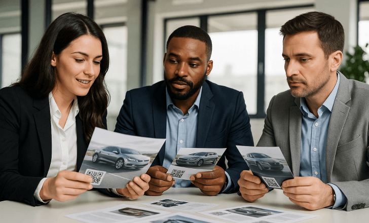 Group of professionals reviewing car brochures with QR codes in a bright office setting