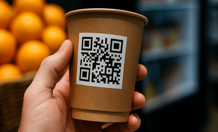 Hand holding a brown paper cup with a QR code sticker in front of a fruit basket and fridge