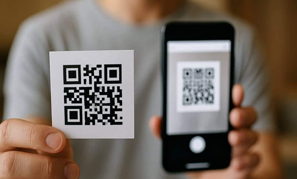 Hand holding a printed QR code card, illustrating a static QR code with fixed data