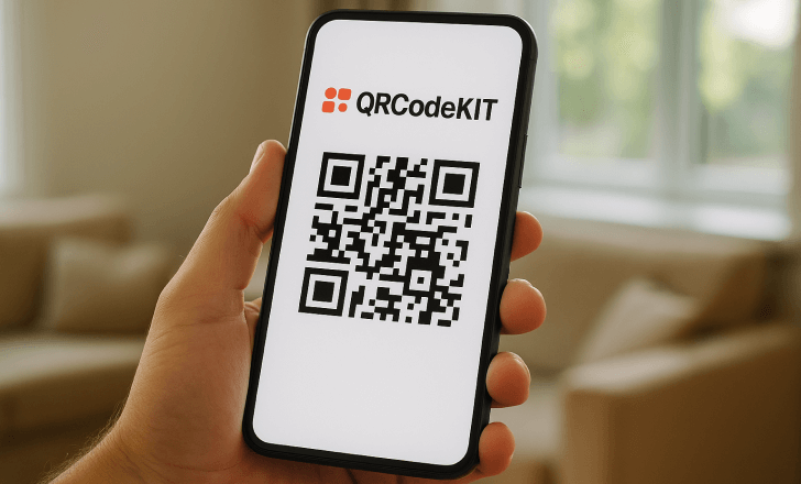 Hand holding a smartphone displaying a QR code with the QR Code KIT logo in a sunlit living room