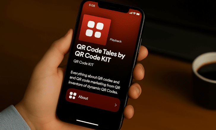 Hand holding a smartphone displaying the podcast _QR Code Tales by QR Code KIT_ with clean text and logo in the playback bar