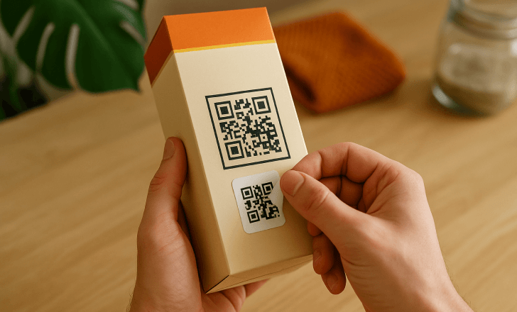 Hands applying a QR code sticker onto a beige product box with another QR code already printed