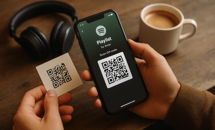Hands holding a phone and card with a playlist QR code on a wooden table with coffee and headphones