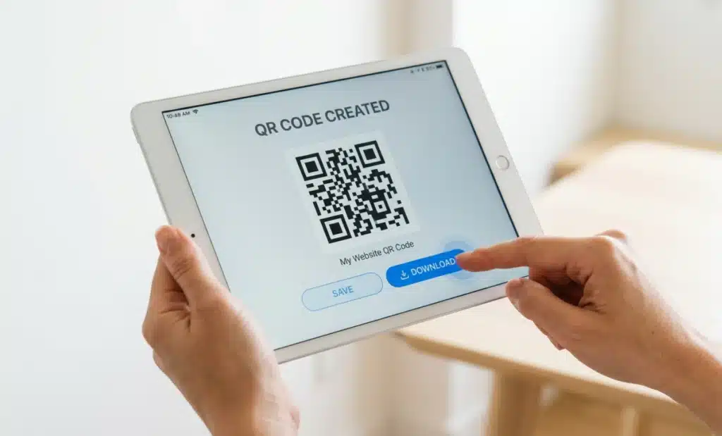 How are QR codes generated? 1 Hands tapping a tablet screen to download a finished QR code.