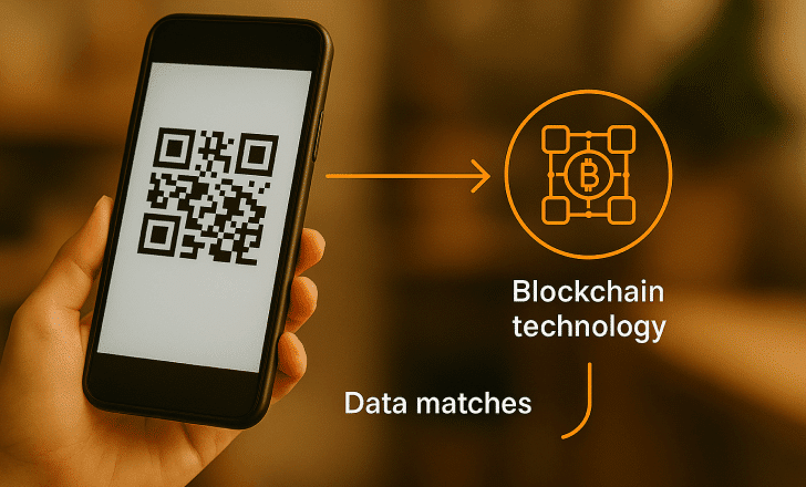 Illustration showing QR code linking to blockchain verification system