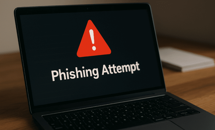 Laptop displaying a phishing warning alert on screen