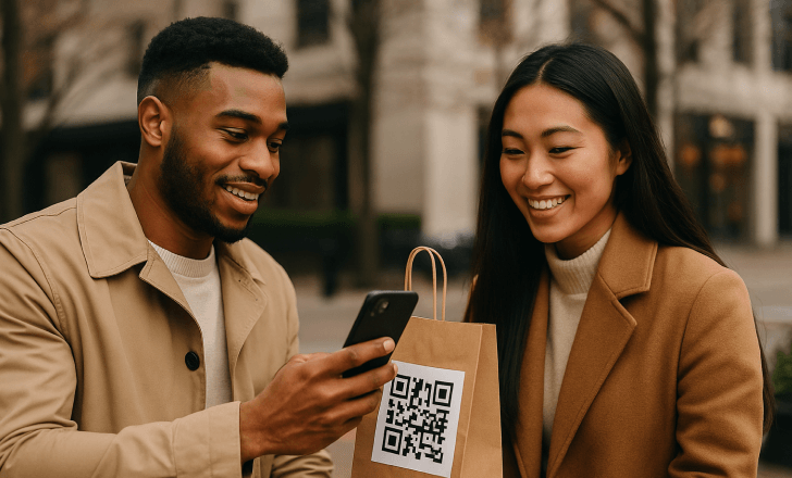 Man and woman scanning a QR code on a shopping bag in an outdoor city setting