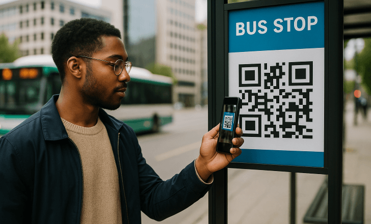 Man scanning a QR code at a city bus stop with a bus approaching in the background