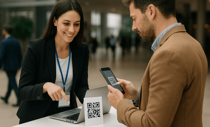 Man scanning a QR code at a professional event booth while a woman provides guidance