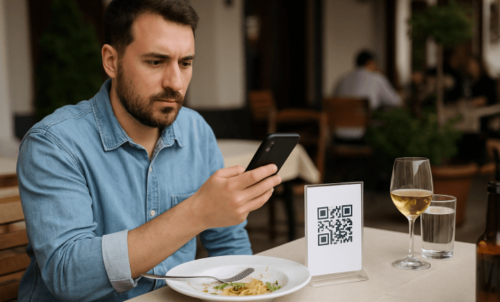Man scanning a QR code for a digital menu while dining at an outdoor restaurant table