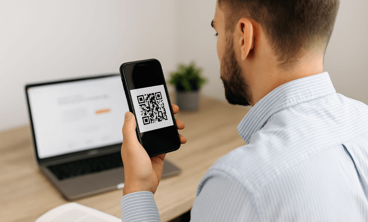 Man scanning a QR code in a professional setting with a laptop in the background