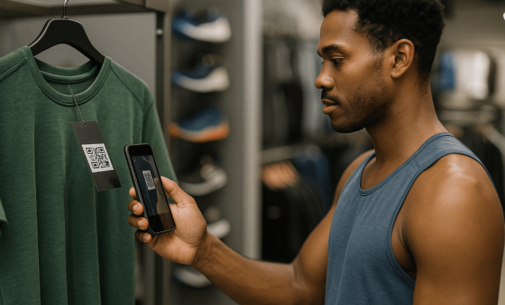 Man scanning a QR code on a clothing tag in a sportswear store