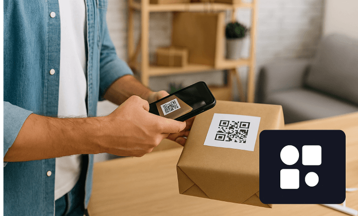 Man scanning a QR code on a paper package in a modern workspace, with the QR Code KIT icon displayed on-screen