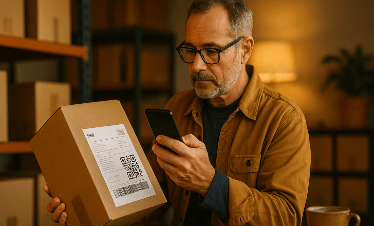 Man scanning a QR code on a shipping box in a softly lit warehouse