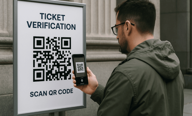 Man scanning a QR code on a ticket verification sign outside a building